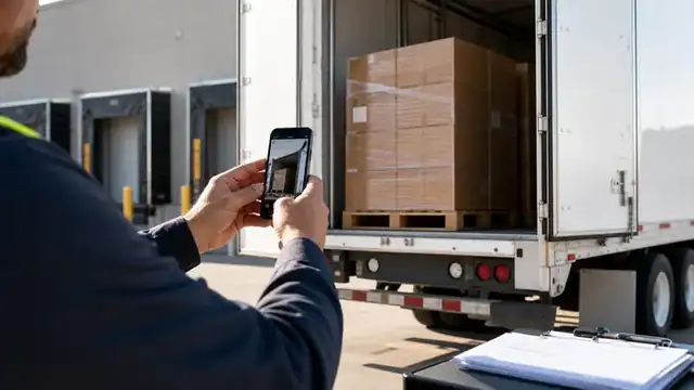Driver capturing delivery evidence with a phone beside a trailer
