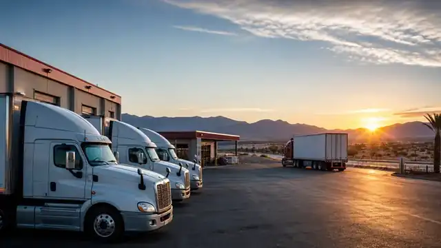 Truck fleet in a logistics yard at sunrise